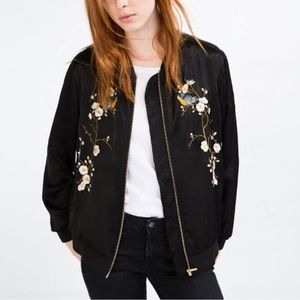 Zara Woman - Black Cherry Blossom Embroidered Satin Bomber Jacket - size small